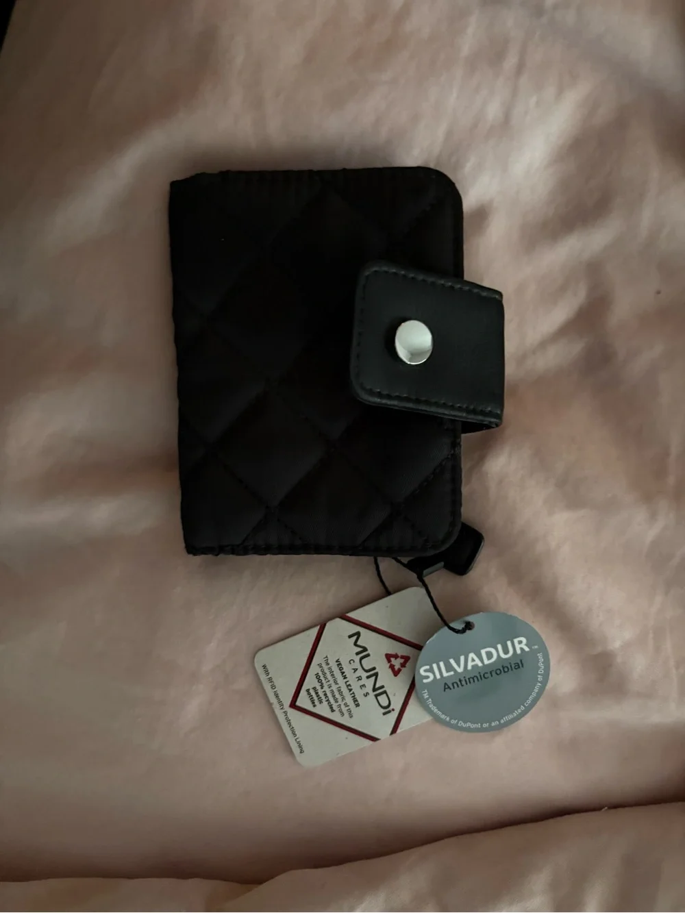 mundi Black Trifold Vegan Leather Wallet with Snap Closure
